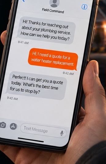 Field Command text-message conversation on a phone, in front of a home at dusk