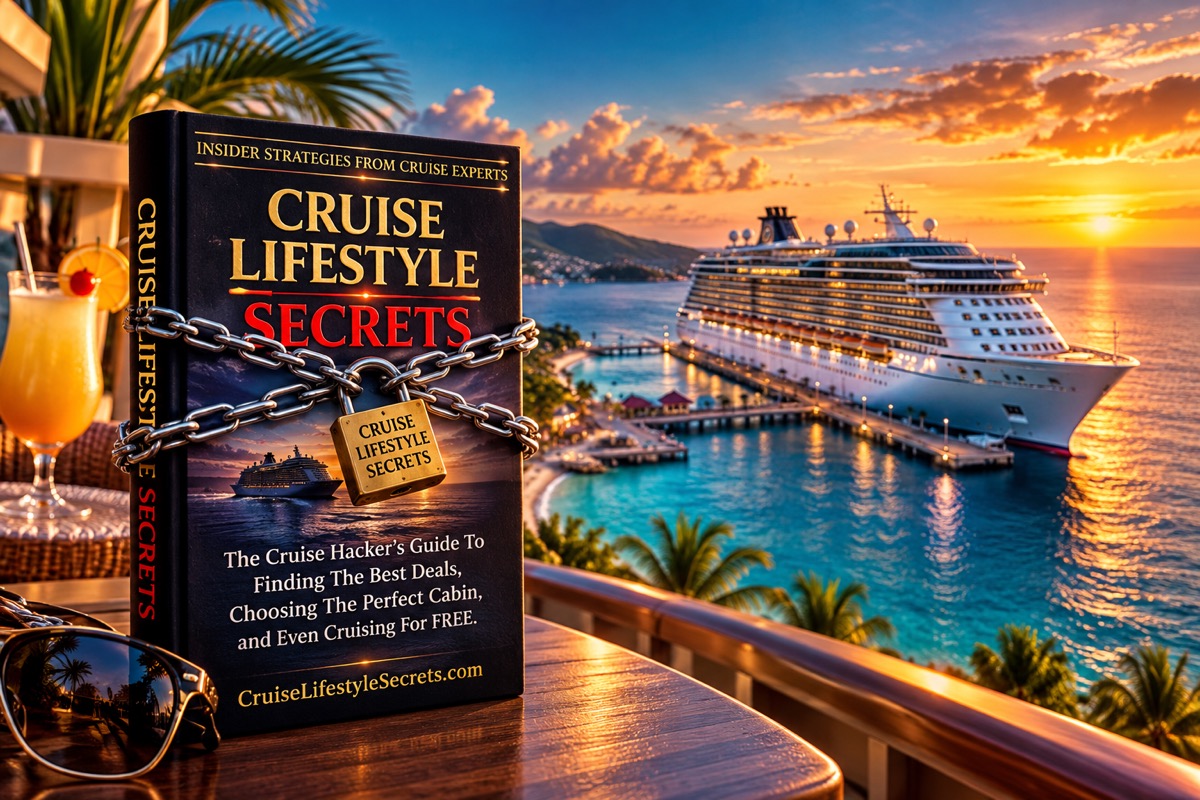 Cruise Lifestyle Secrets guide cover beside a cruise ship at sunset