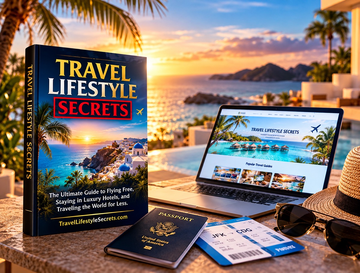 Travel Lifestyle Secrets guide cover with a laptop, passport and boarding pass