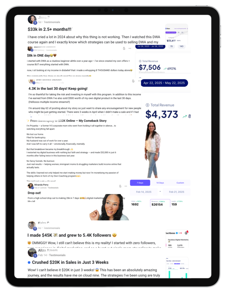 Screenshot-style image showing real community testimonials and income results from people using an online digital income system. Results vary based on individual effort.