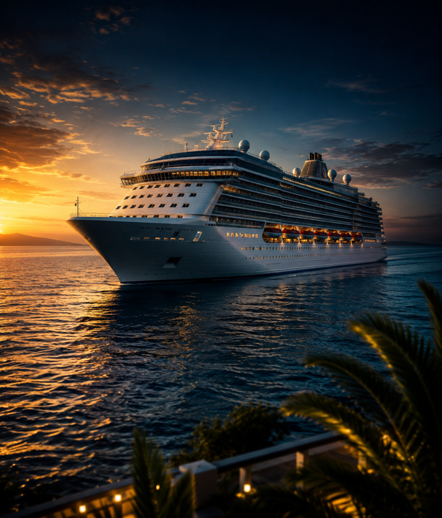 Luxury cruise ship sailing at sunset representing cruise lifestyle travel, freedom, ocean adventure, and affordable luxury vacations.