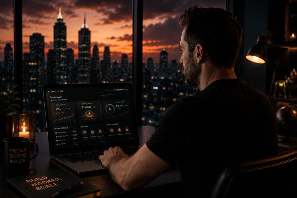Darrell Stout working on a digital wealth systems dashboard inside a luxury high-rise office overlooking a cinematic sunset city skyline.